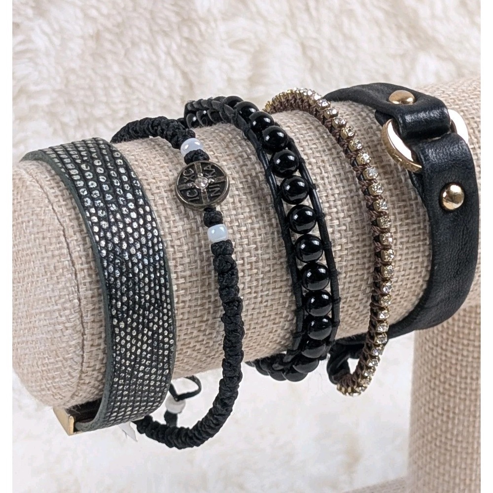 Bracelet Lot Aqua Pura Leather Rhinestone Cuff Beaded‎ Black Boho Stack